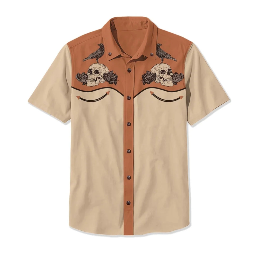 Men's vintage-look western shirt with unique stitching & embroidered details, long sleeve.