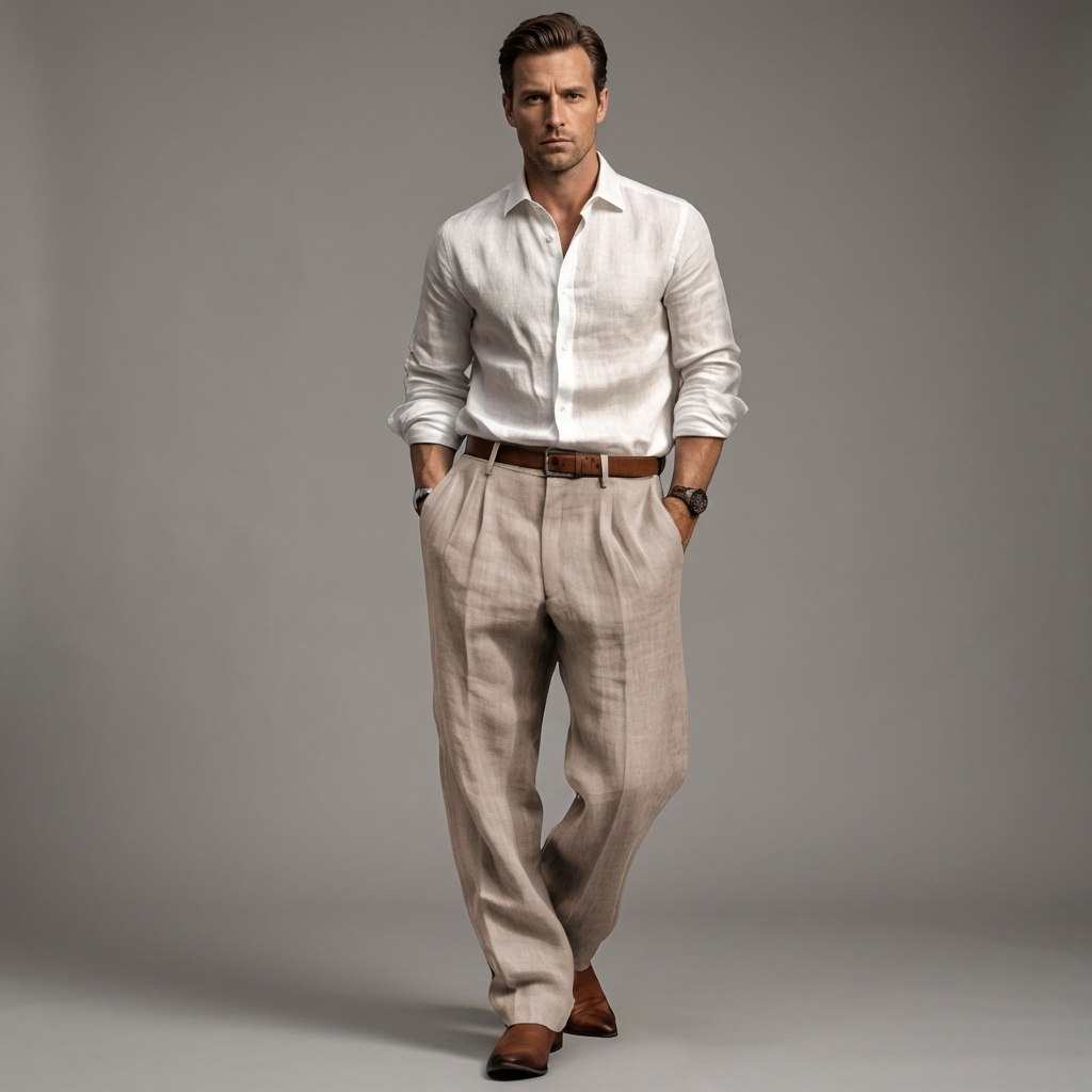 Men's neutral pleated linen trousers, offering refined style & comfort for summer casual wear. Straight leg fit.