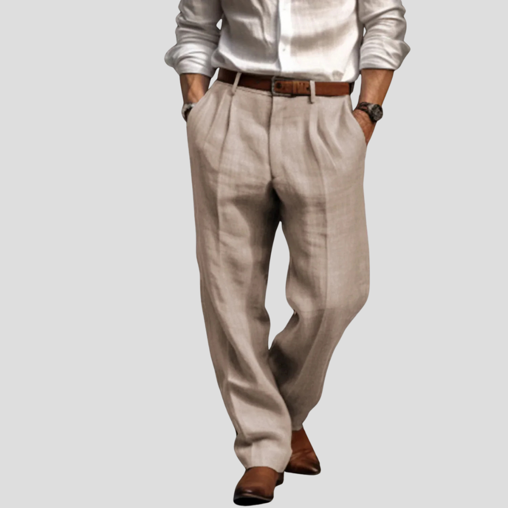 Stylish men's pleated linen pants, perfect for resort wear or dressy casual summer fashion. Breathable & versatile.