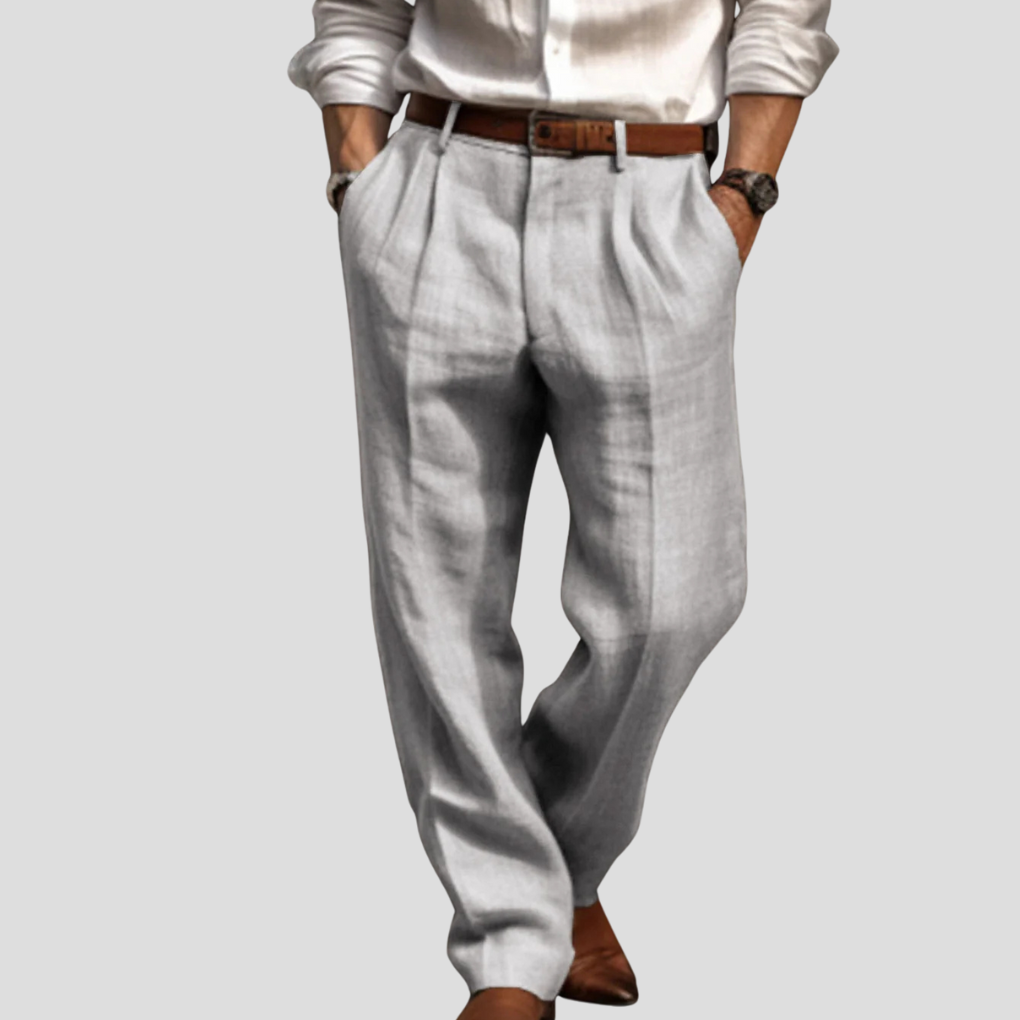 Breathable men's linen trousers with pleats, designed for ultimate comfort and straight leg summer fashion.