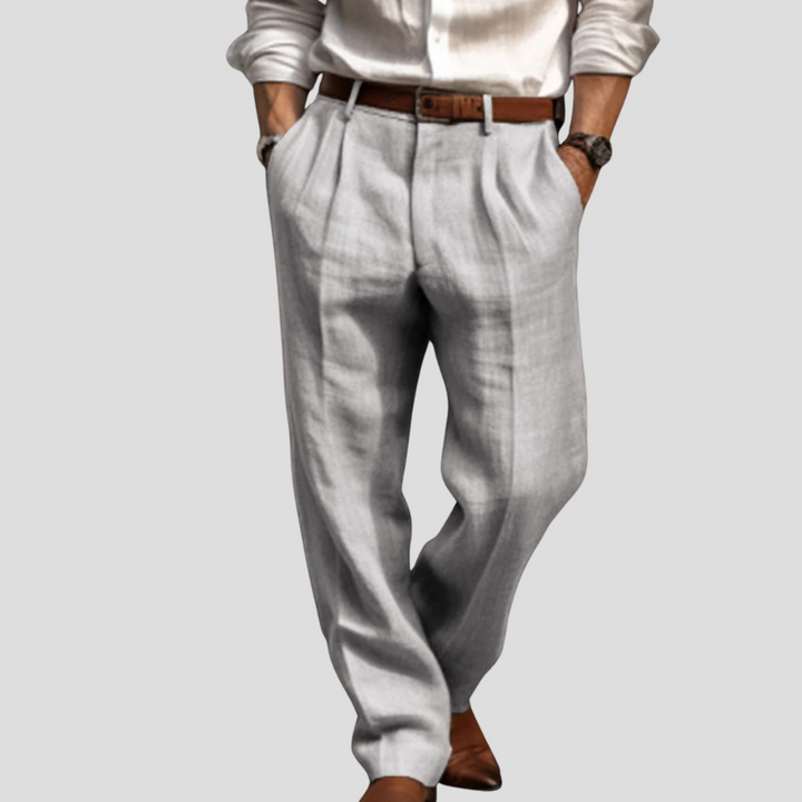 Breathable men's linen trousers with pleats, designed for ultimate comfort and straight leg summer fashion.