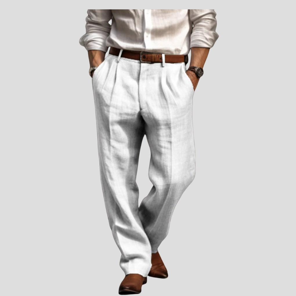 Versatile men's pleated linen trousers in a neutral shade, ideal for casual wear, resort fashion, or smart summer look.
