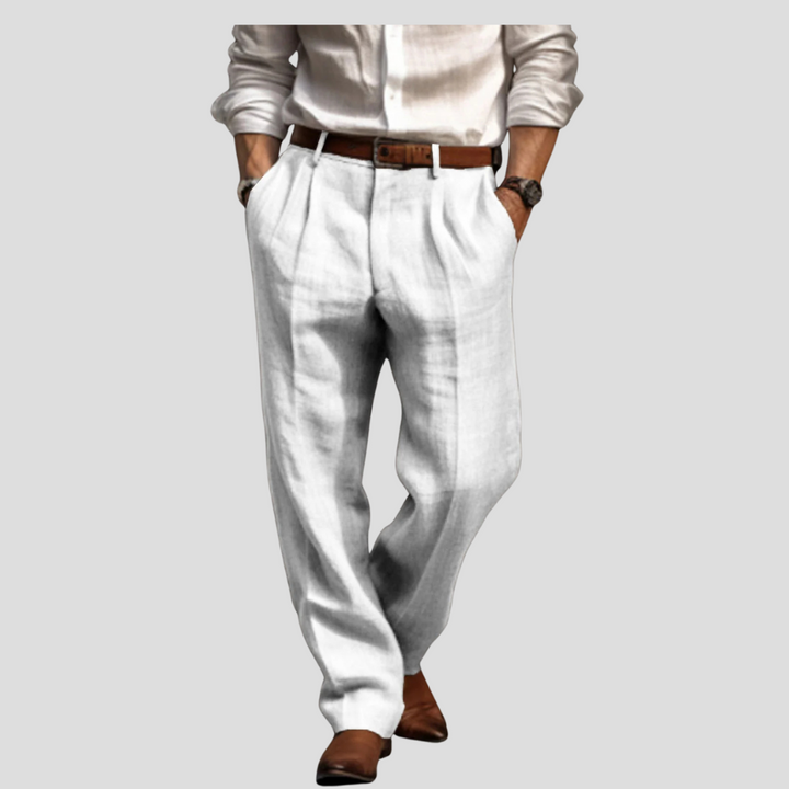 Versatile men's pleated linen trousers in a neutral shade, ideal for casual wear, resort fashion, or smart summer look.