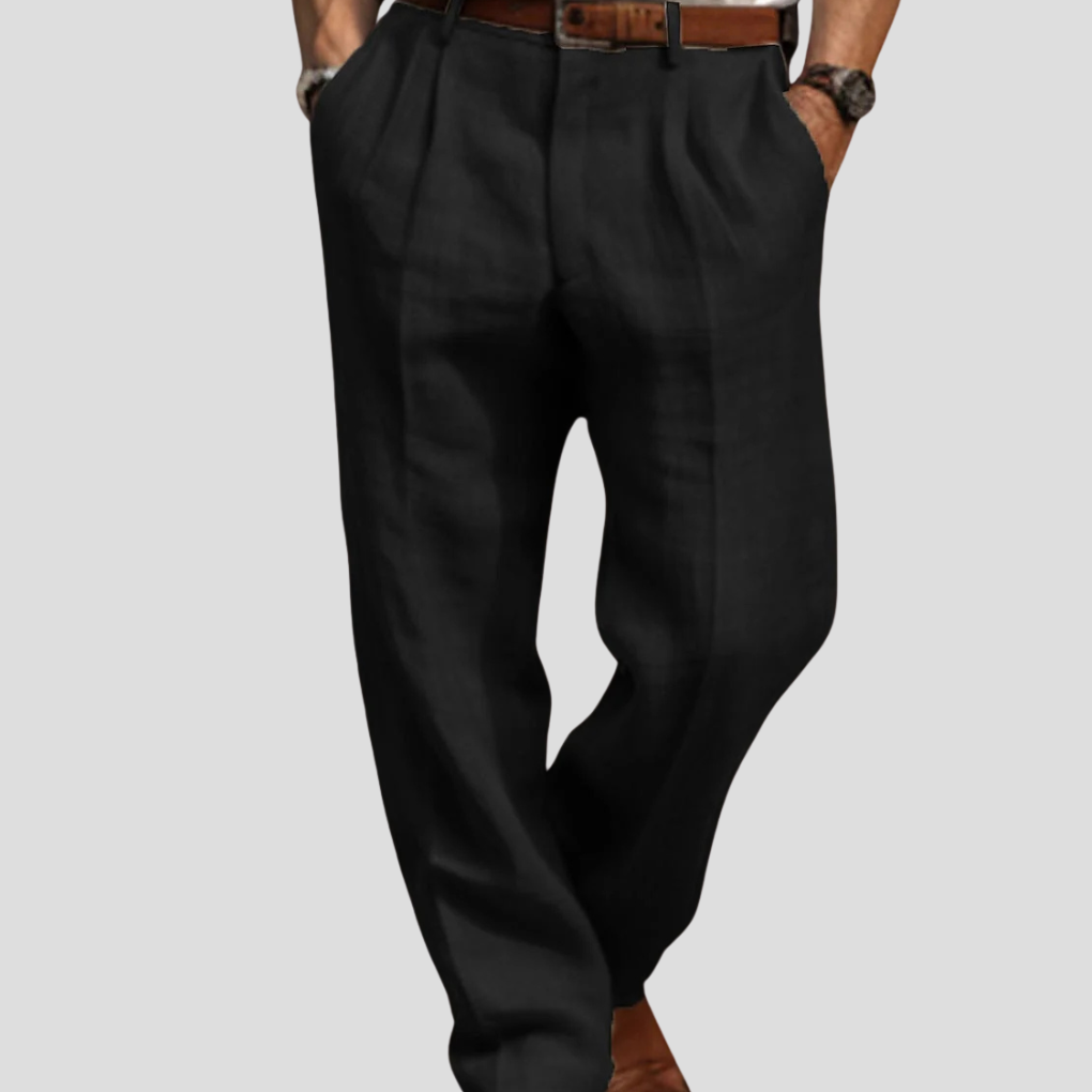 Men's straight leg pleated linen trousers, comfortable & breathable menswear for warm weather refined casual style.
