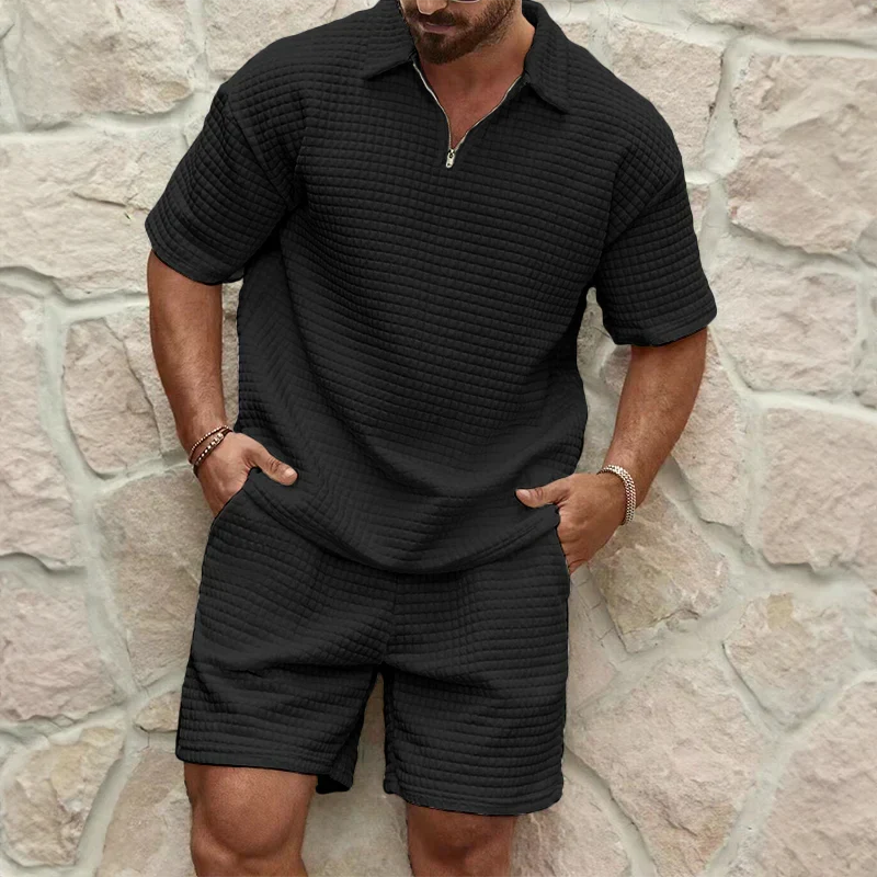 Breathable poly-cotton men's leisure set with a unique waffle knit texture for ultimate summer comfort.