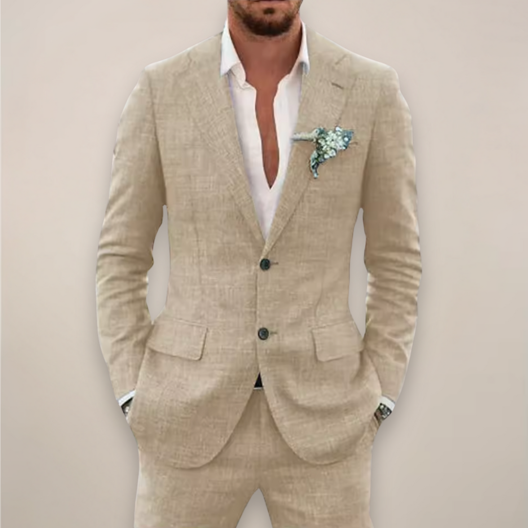Close-up of the notch lapel on a men's spring suit, highlighting the classic formal wear detail