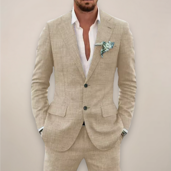 Close-up of the notch lapel on a men's spring suit, highlighting the classic formal wear detail