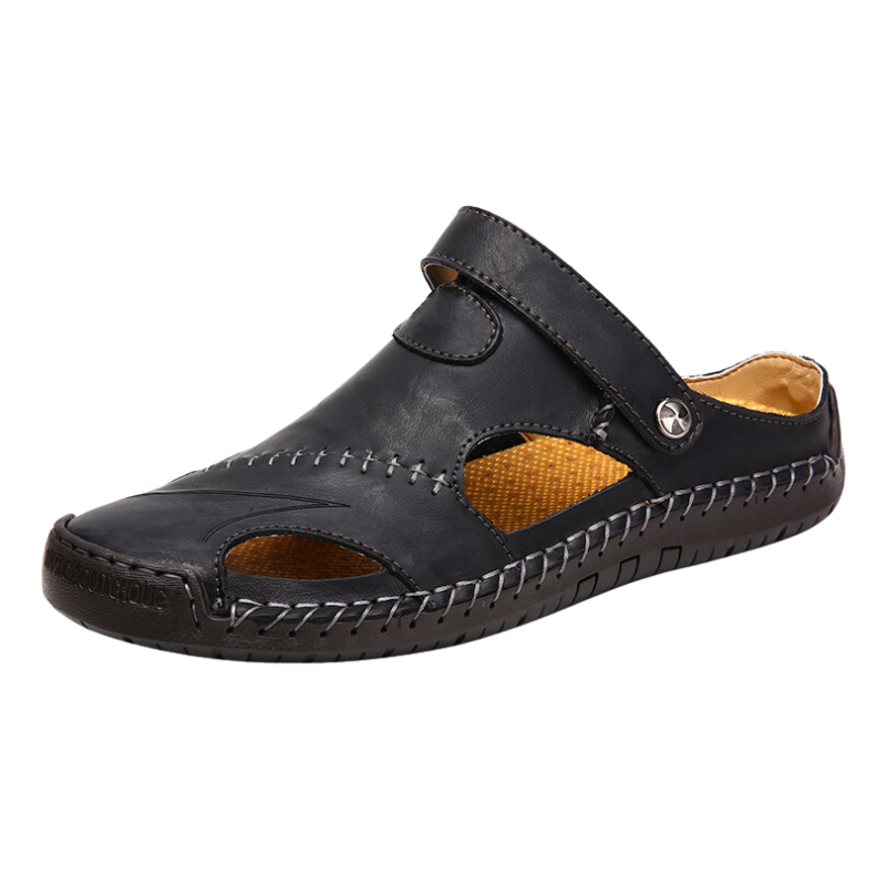 Men's orthopedic comfort sandals, brown leather, with arch support for walking.