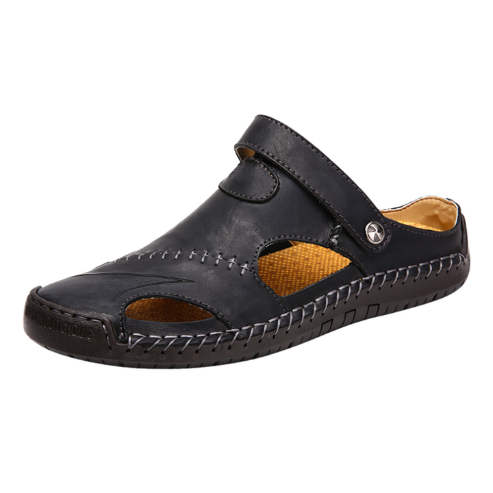 Men's orthopedic comfort sandals, brown leather, with arch support for walking.