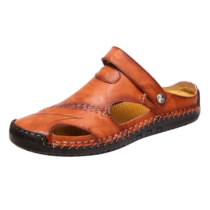 Outdoor men's walking sandals, gray, with comfort footwear design and adjustable straps.