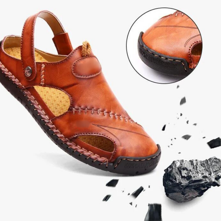 Brown leather orthopedic men's sandals with adjustable hook-and-loop straps for custom fit.