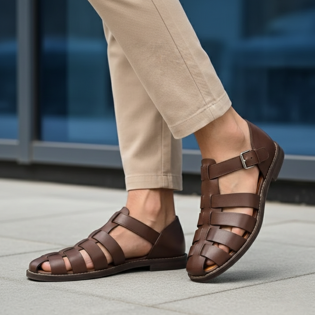 Supportive men's comfort sandals: orthopedic gladiator style with adjustable straps & cushioned sole for all-day wear.