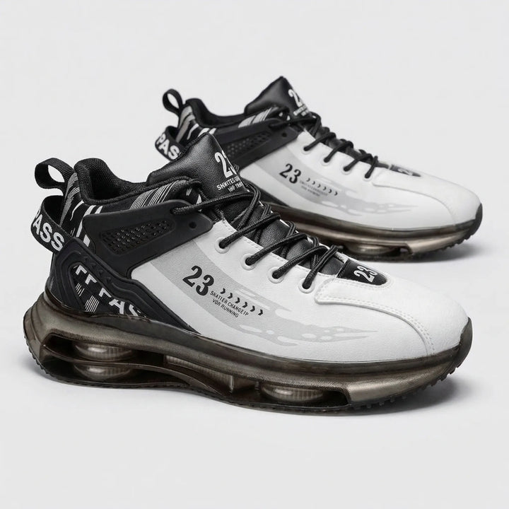 Athletic men's high-top sneakers, lace-up design with cushioned sole for orthopedic foot support & all-day comfort.