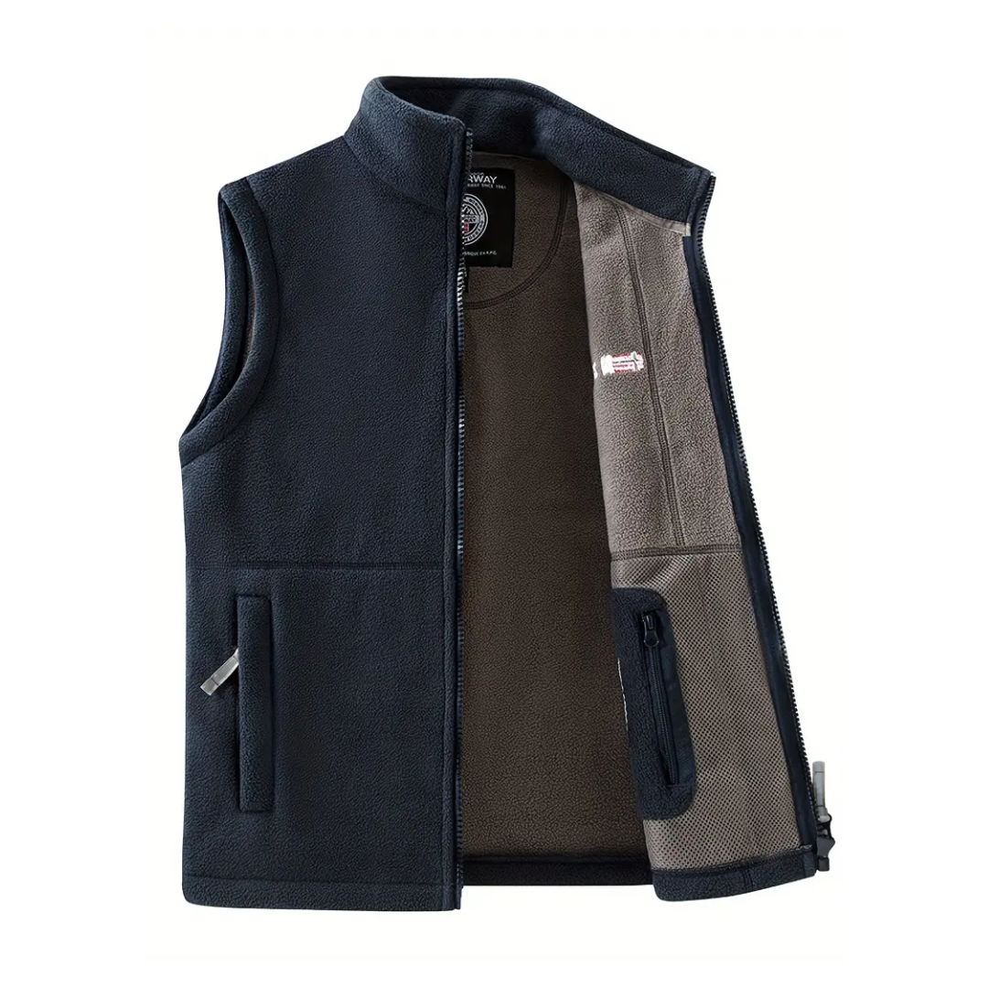 Men's outdoor fleece gilet with stand-up collar, perfect for fall & winter layering and hiking.