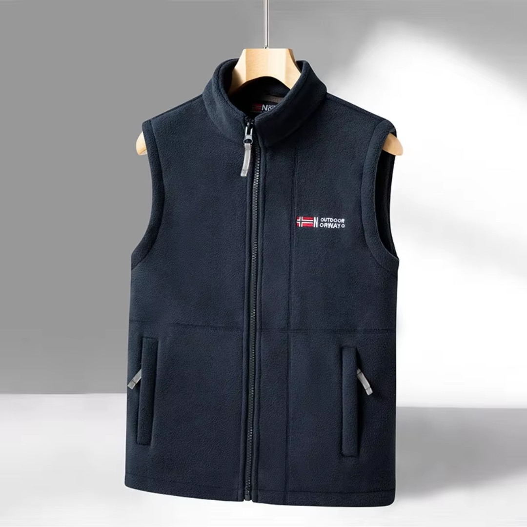 Practical men's outdoor fleece gilet, stand-up collar, essential fall/winter layering & hiking gear.