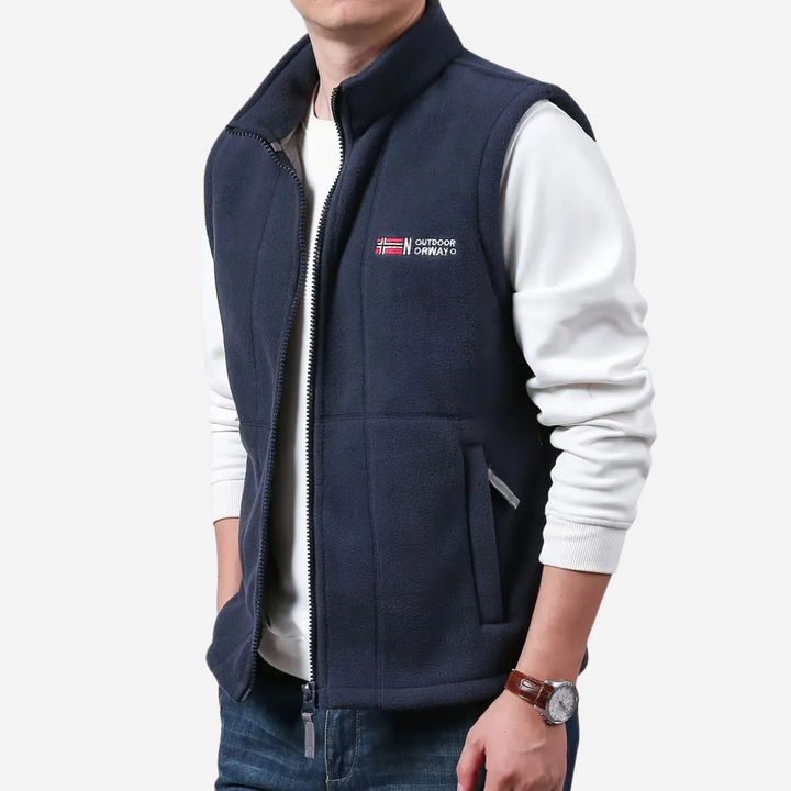 Cozy men's fleece outdoor vest, stand-up collar, perfect for staying warm during fall & winter activities.