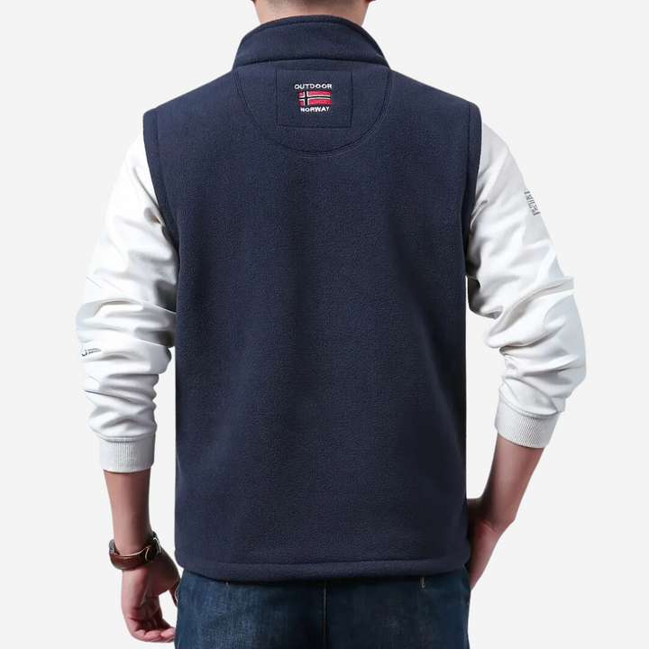 Men's versatile fleece gilet, stand-up collar, great for outdoor adventures, travel, and layering.