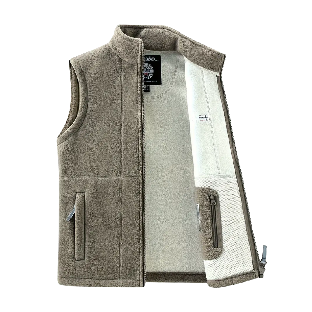 Warm men's fleece outdoor vest, stand-up collar, ideal for hiking, camping, and cool weather travel.