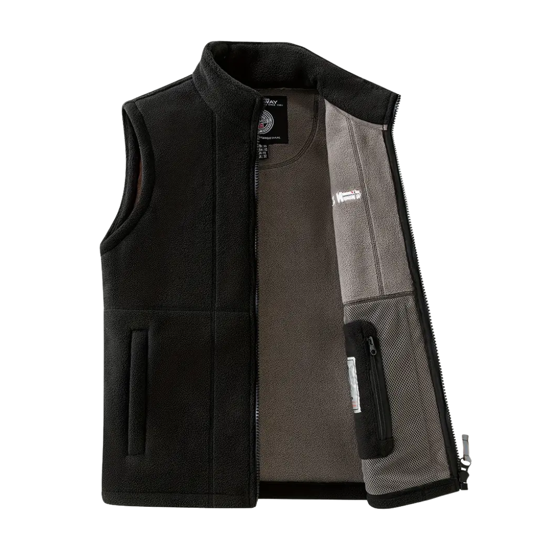 Casual men's fleece gilet, stand-up collar, versatile outerwear for autumn, winter, and outdoor activities.
