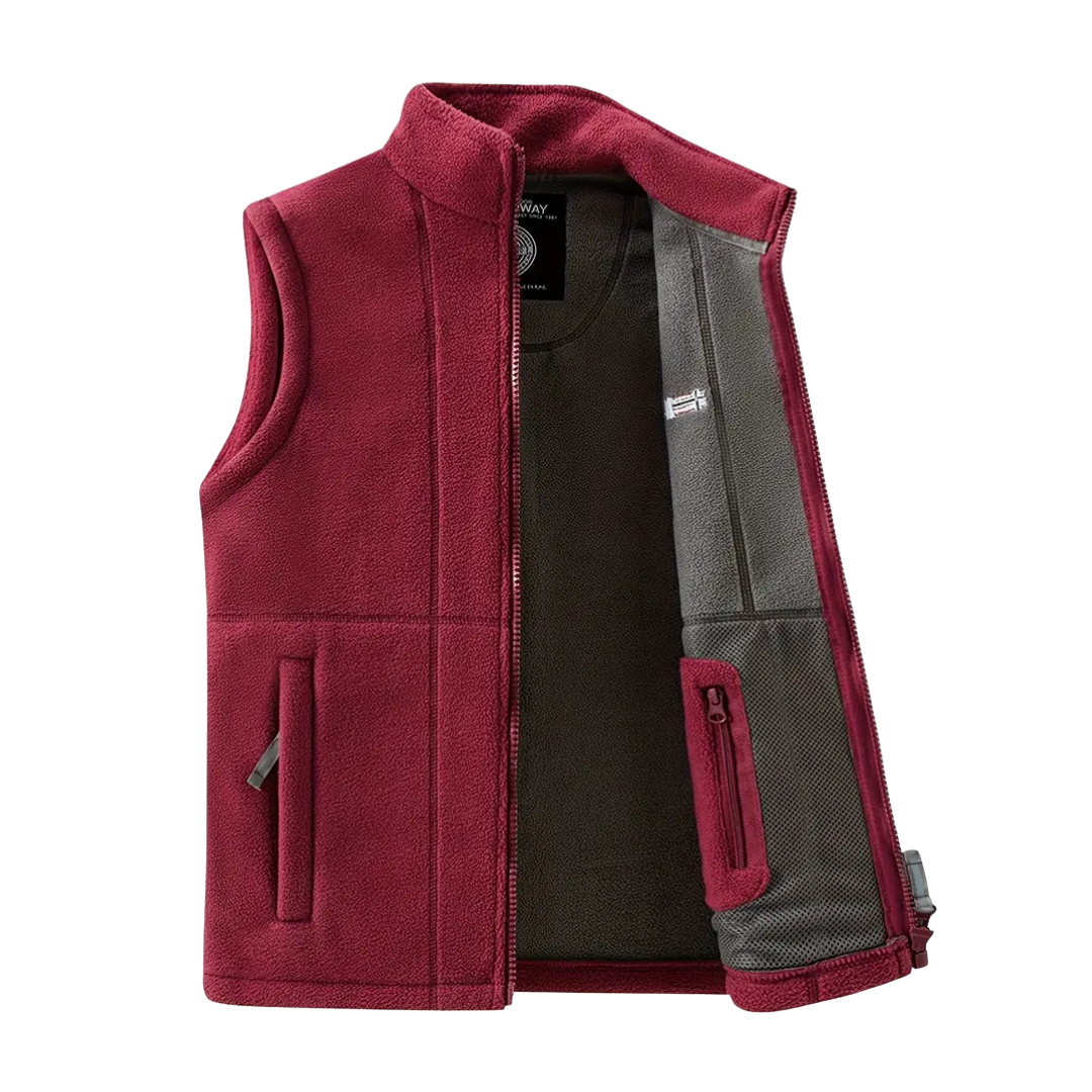 Durable men's outdoor fleece gilet with stand-up collar, essential hiking gear & fall winter apparel.