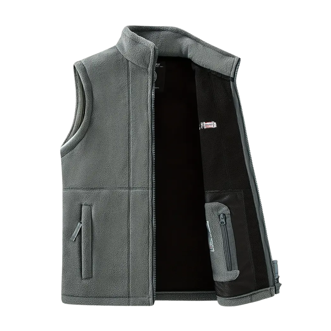 Stylish men's fleece outdoor vest, stand-up collar, great for layering, travel, and casual wear.