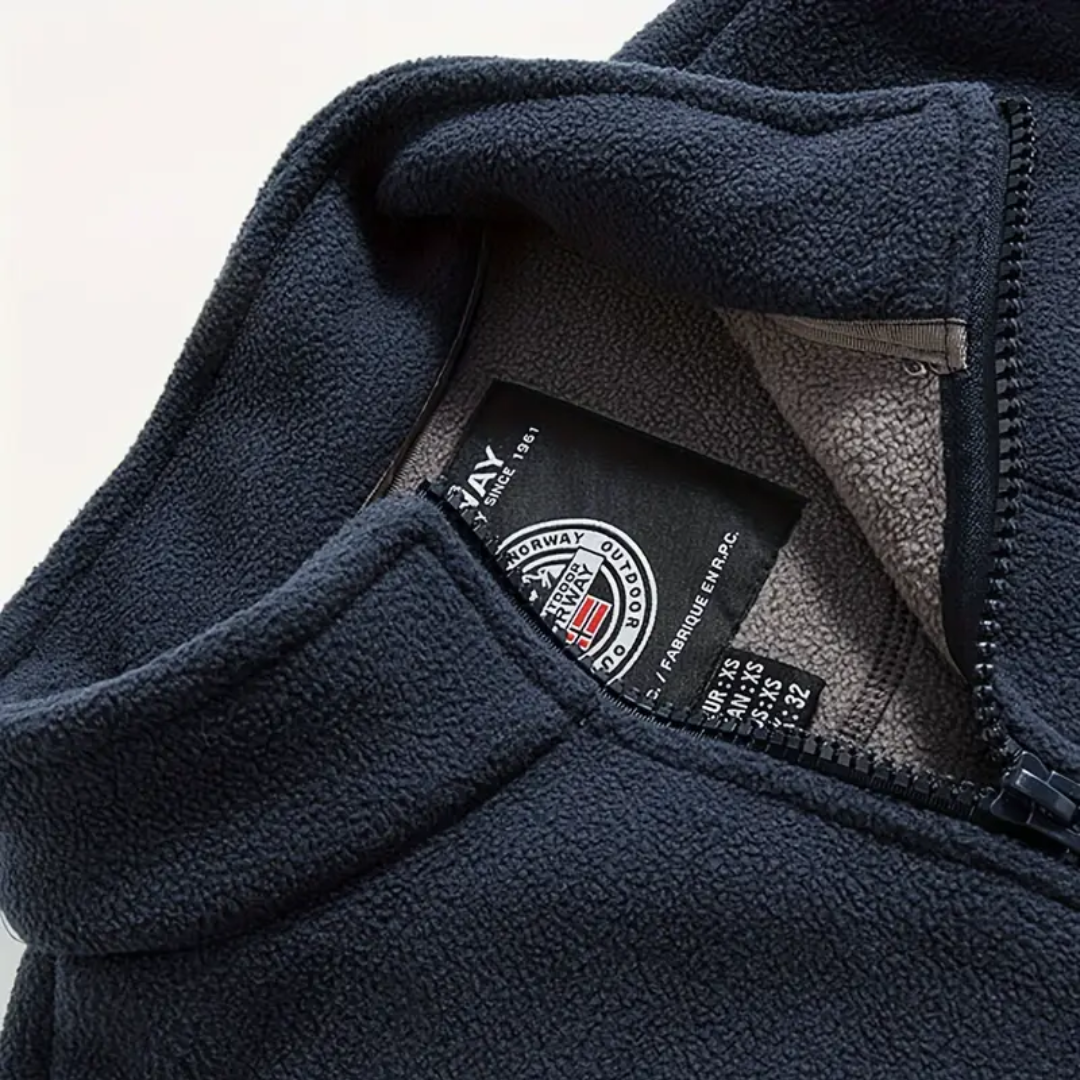 Men's stand-up collar fleece gilet, warm outdoor vest for fall, winter, hiking, & camping.