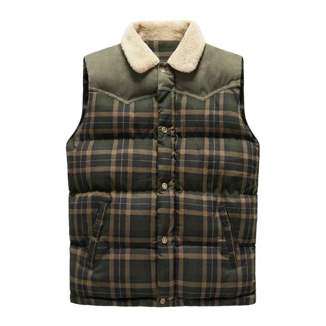 Men's outdoor plaid gilet vest with stand collar, perfect for fall layering. Casual & warm bodywarmer.