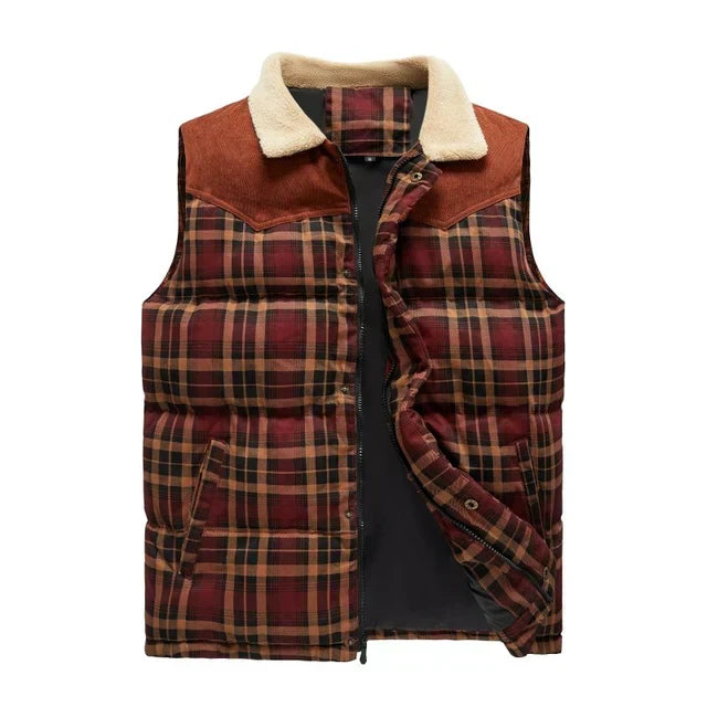 Versatile men's plaid gilet vest for fall/winter layering. Outdoor bodywarmer with a stylish stand collar.