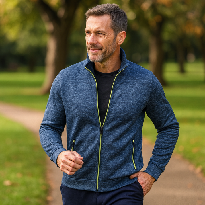 Essential men's full zip athletic jacket, stand collar, lightweight, perfect for activewear collection.