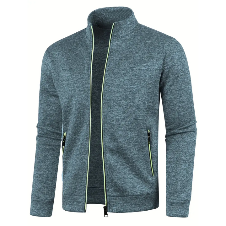 Sporty men's workout jacket, full zip, stand collar, breathable fabric, active lifestyle wear.