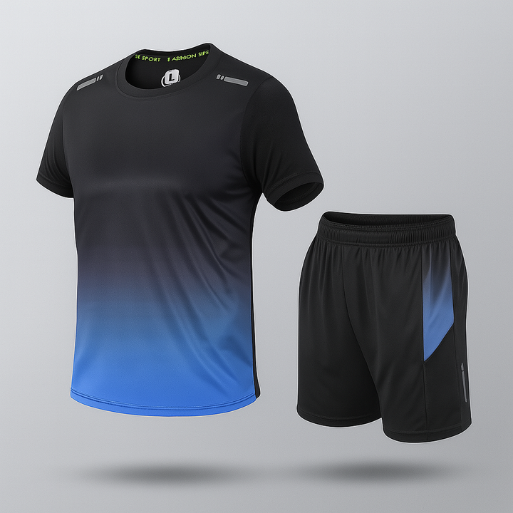 Men's performance sportswear set with lightweight, moisture-wicking jacket and matching jogger pants.