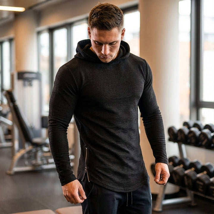 Men's performance training hoodie with full zipper. Ideal for gym, running & active workouts. Slim fit athletic wear.