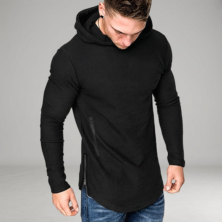 Grey men's performance training hoodie with zipper. Slim fit athletic wear for gym & active sportswear. Moisture-wicking.