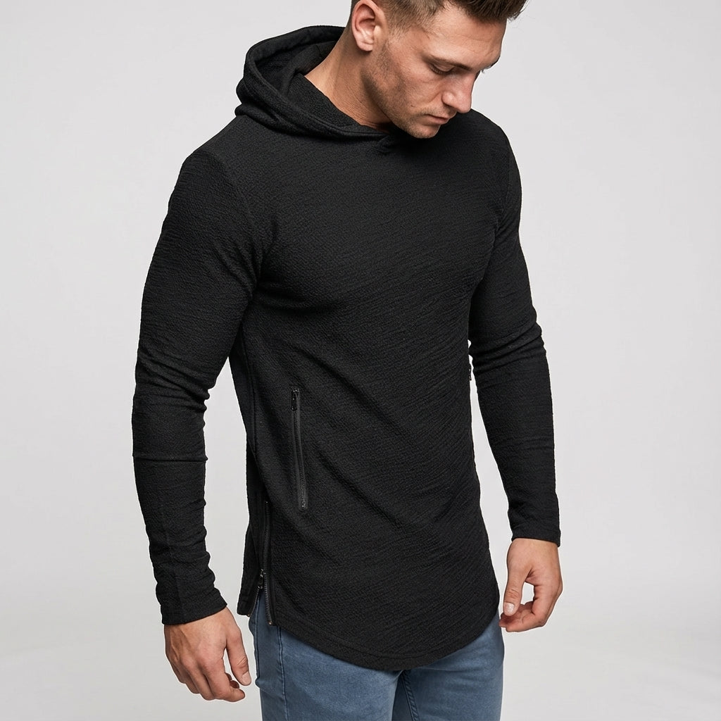 Versatile men's performance zipper hoodie. Ideal for gym, running, and active sportswear. Slim fit athletic apparel.