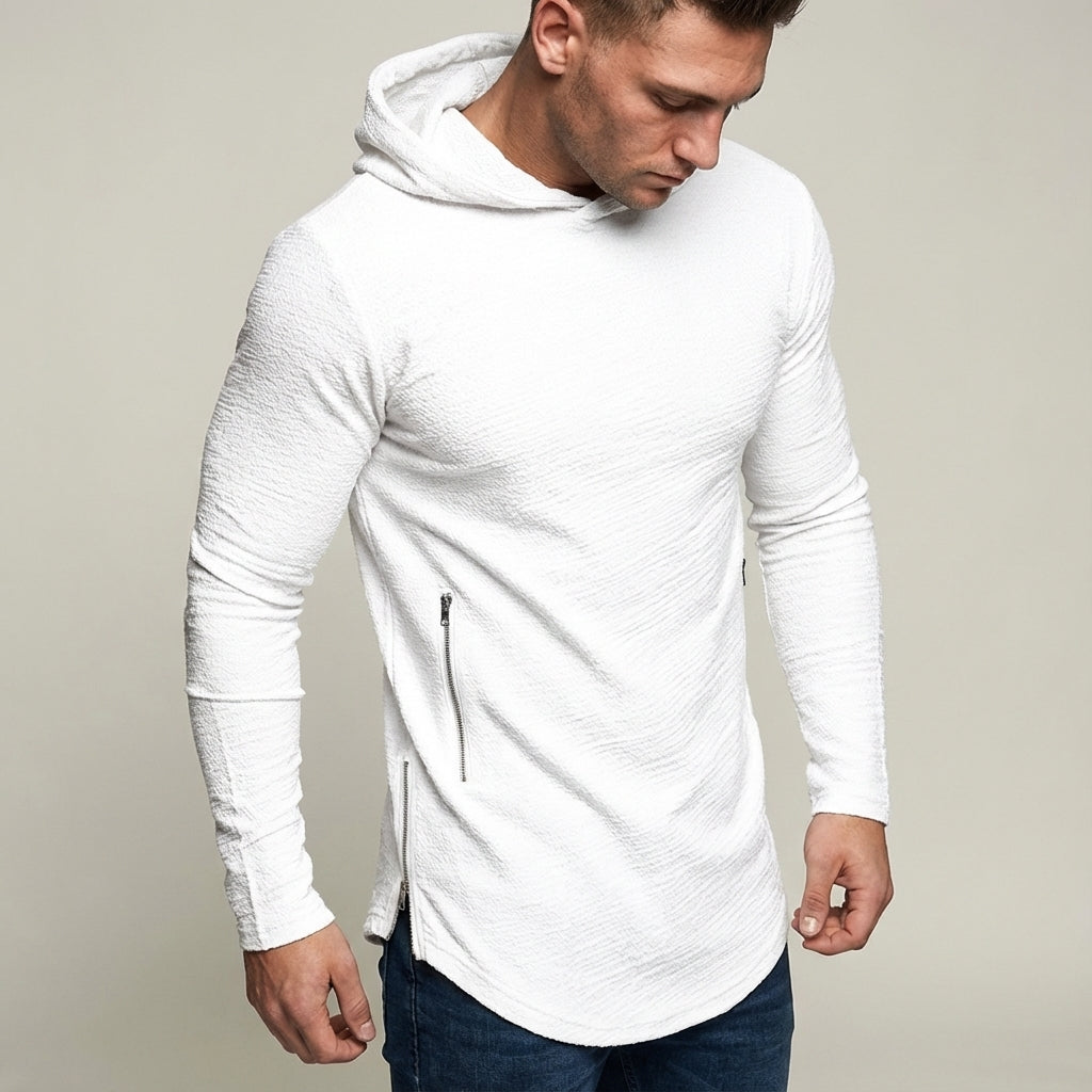 Men's athletic performance training hoodie. Slim fit, full zipper for gym, running, and active sportswear. Comfort.