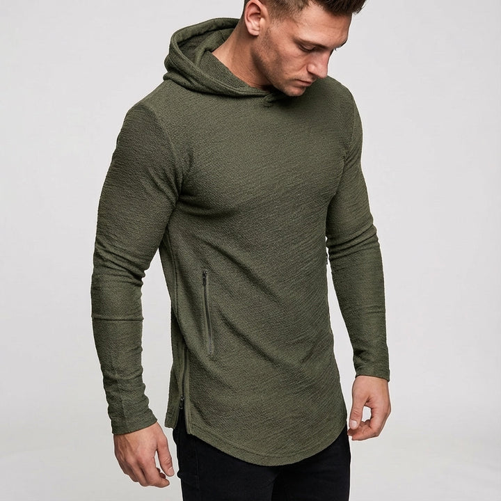 Performance men's activewear training hoodie. Full zipper, slim fit for gym, sports & running. High comfort.