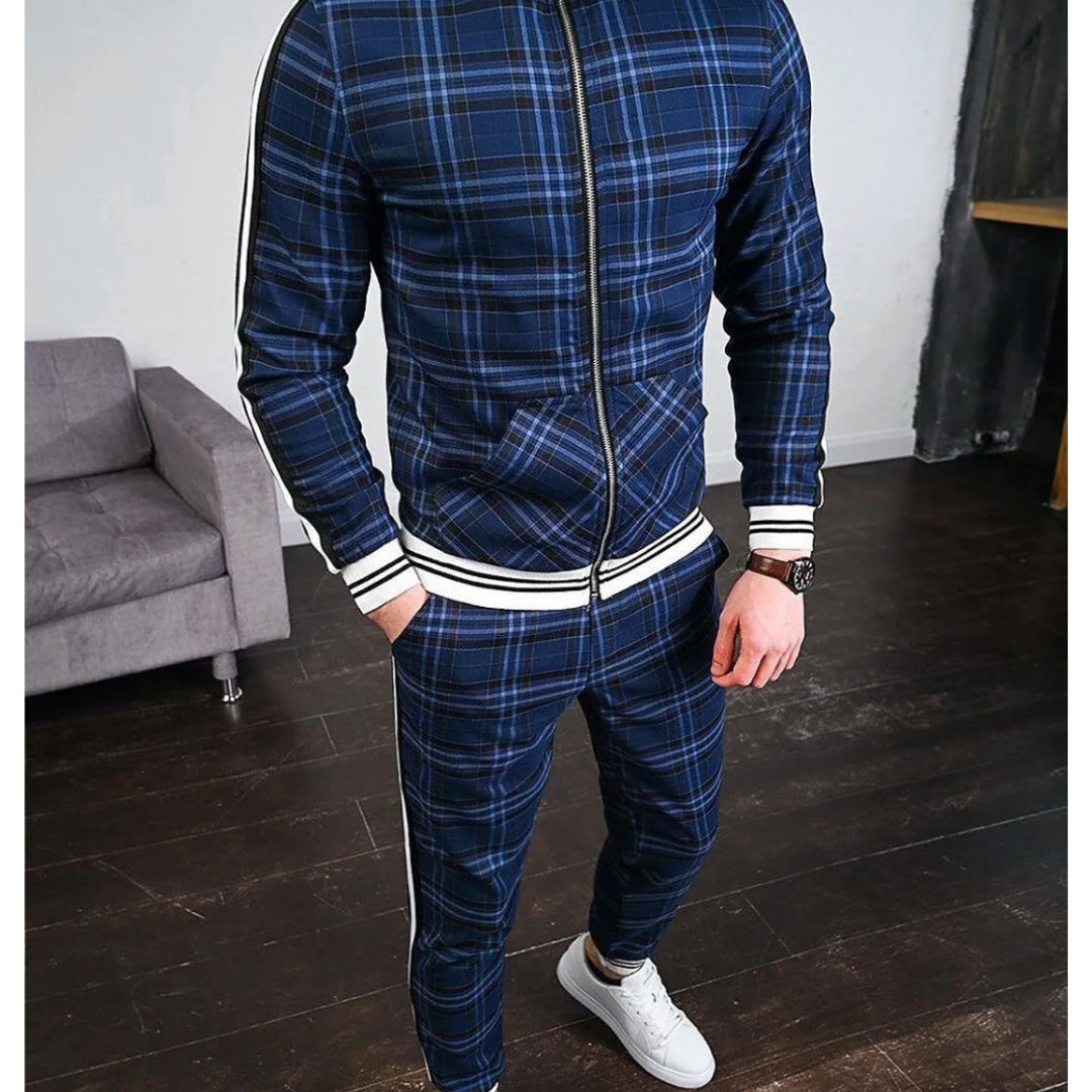 Casual men's plaid tracksuit, perfect for jogging and activewear, stylish menswear