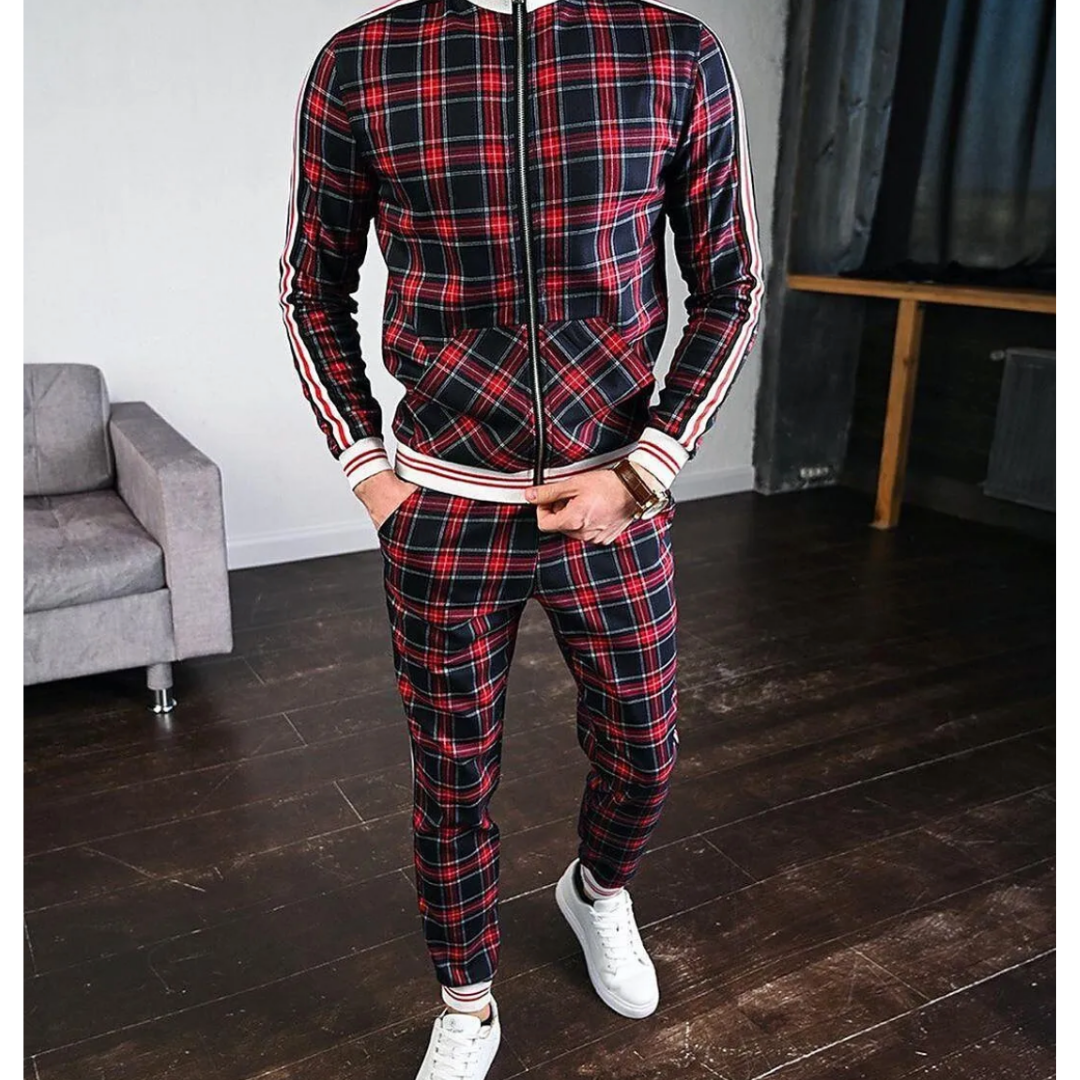 Plaid menswear tracksuit, an athletic two-piece set designed for jogging and sportswear