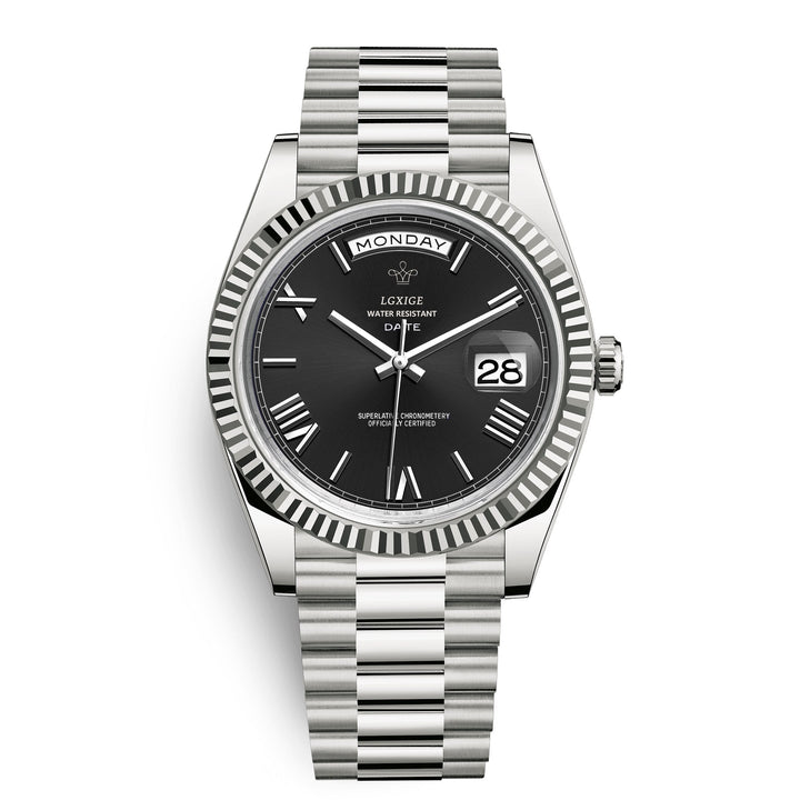 Close-up of the crown on a men's premium automatic watch. Durable & elegant self-winding timepiece.