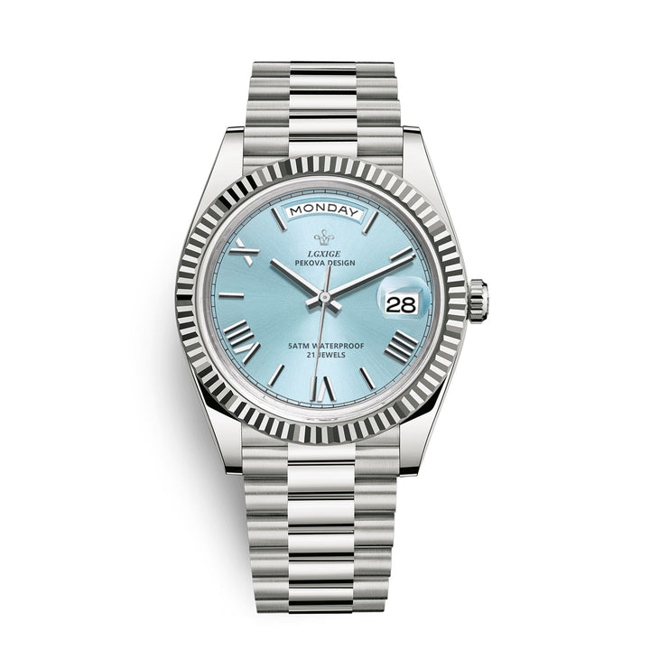 Men's premium automatic day date watch elegantly displayed. A classic & versatile accessory for men.