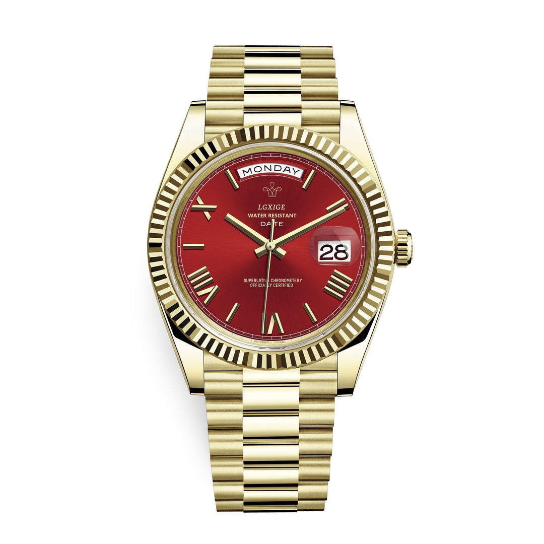 Men's premium automatic day date watch on wrist with a suit. Elegant dress watch for men.