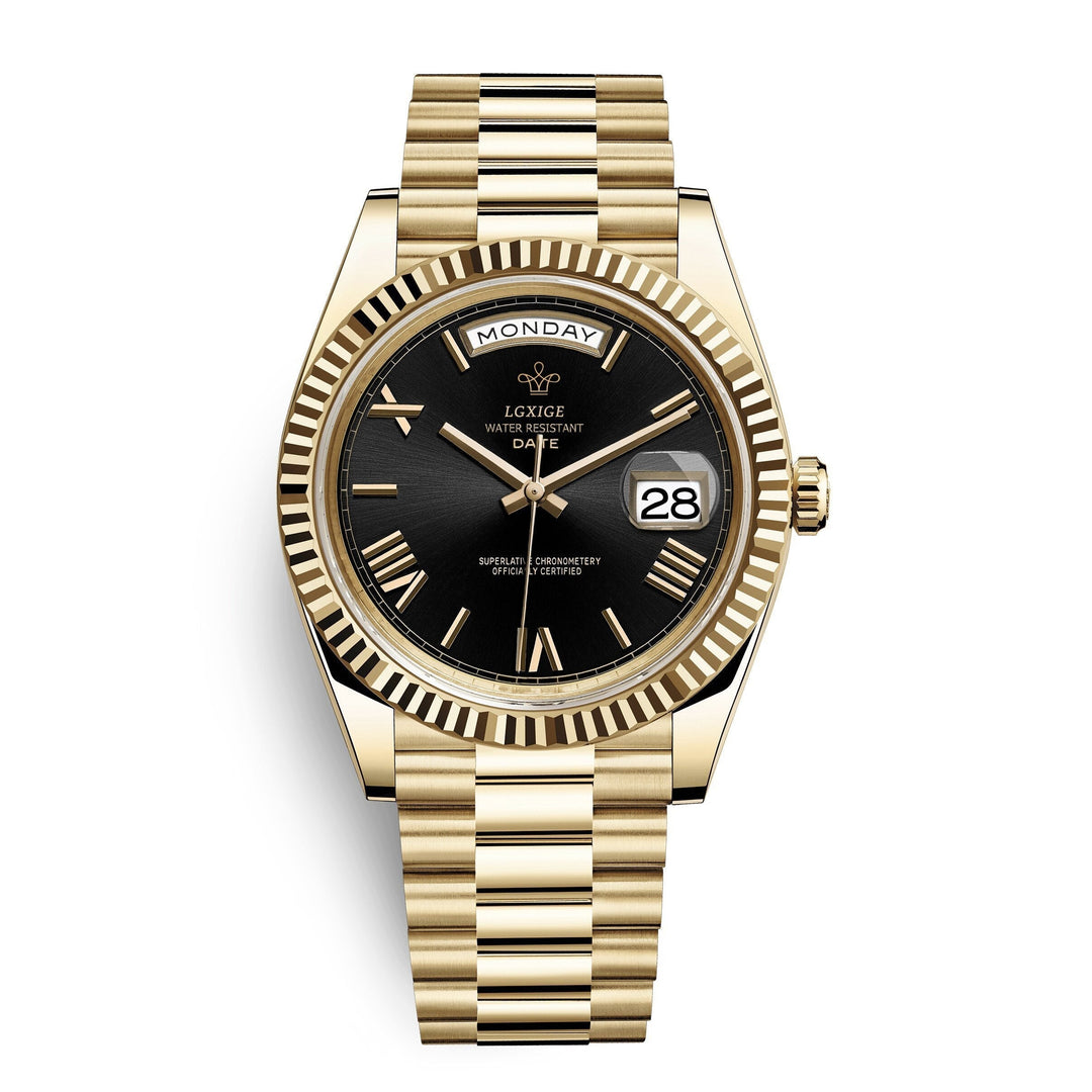 Men's premium automatic watch on wrist with casual outfit. Versatile self-winding timepiece.