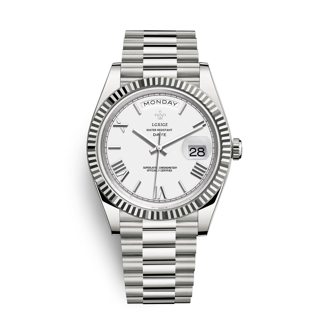 Premium leather strap of a men's automatic day date watch, comfortable & durable. Classic accessory.