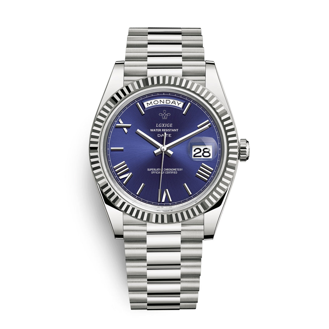 Men's premium automatic day date watch, a classic & elegant self-winding timepiece. Versatile for any man.