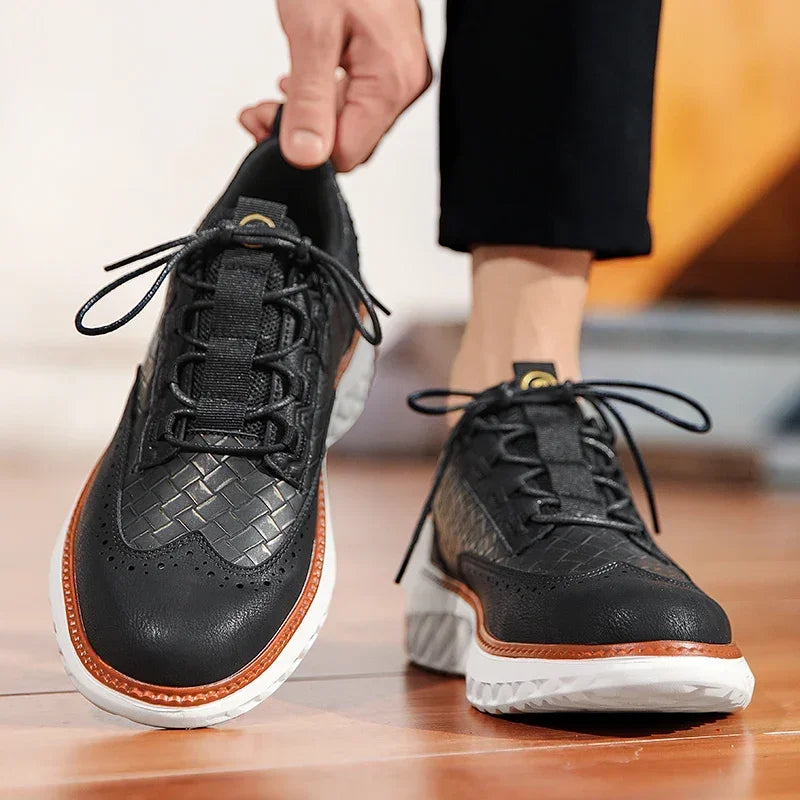 Men's leather casual footwear, showcasing a sleek design with orthopedic and breathable benefits.