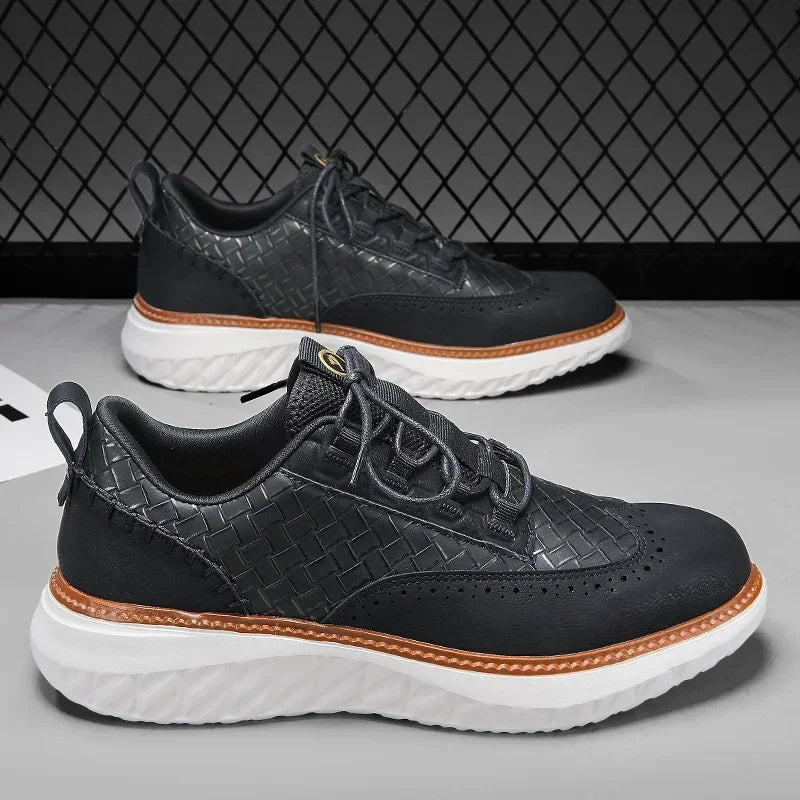 Detail of the leather texture on men's casual sneakers, emphasizing premium quality and comfort.