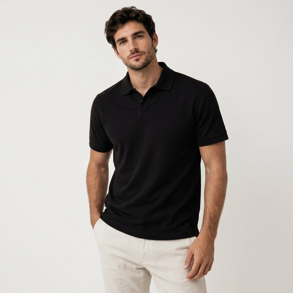 Breathable pique men's polo, short sleeve. Perfect for casual & smart fashion.