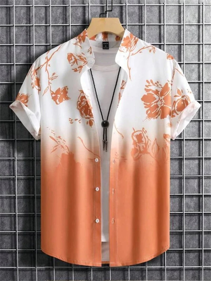 Men's printed short sleeve button-down casual shirt for summer wear.