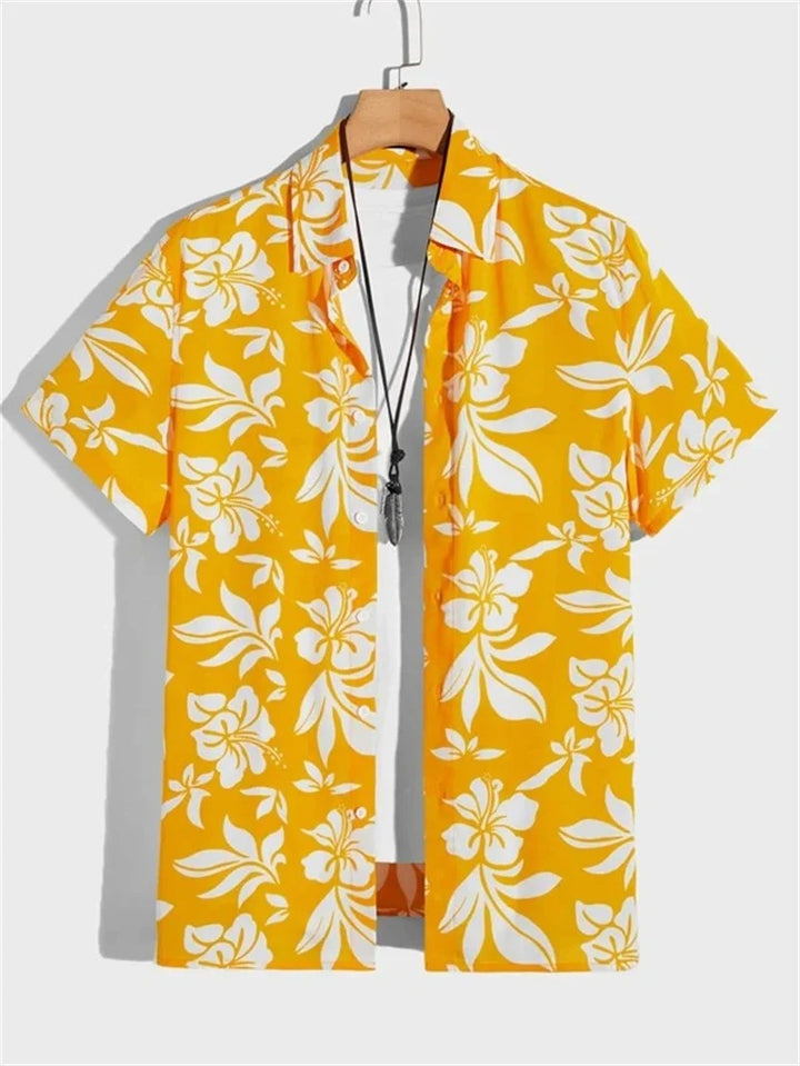 Vibrant men's short sleeve printed shirt, button-down style, casual.