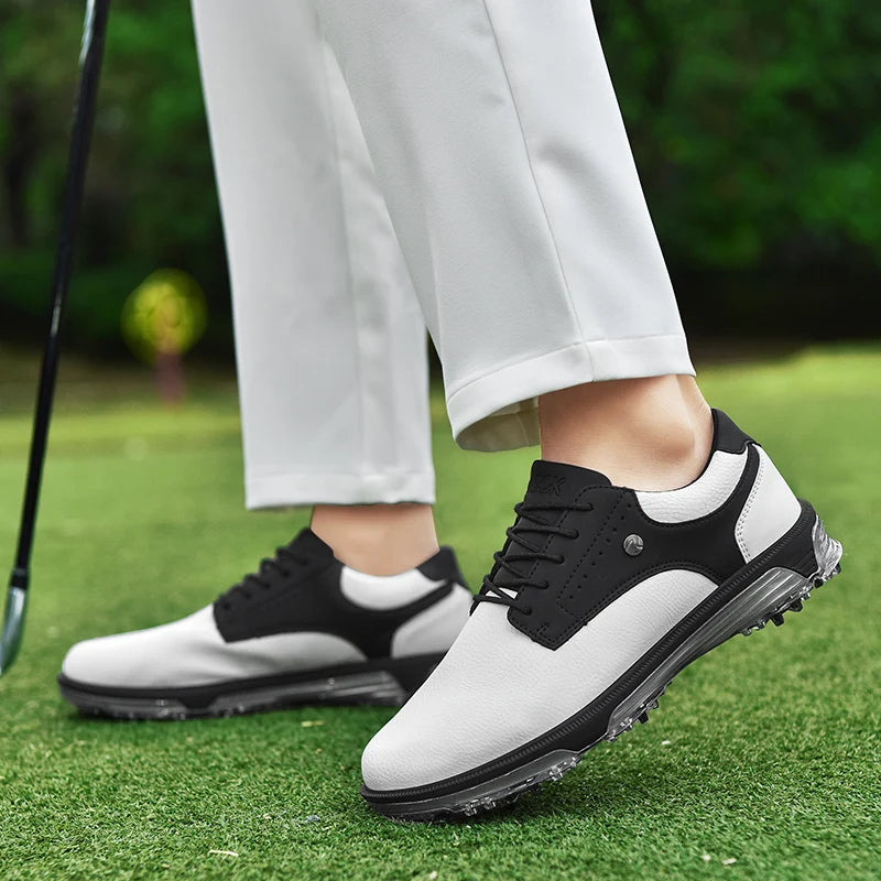 Men's athletic golf shoes, black, with stable grip and all-weather durability for optimal play.